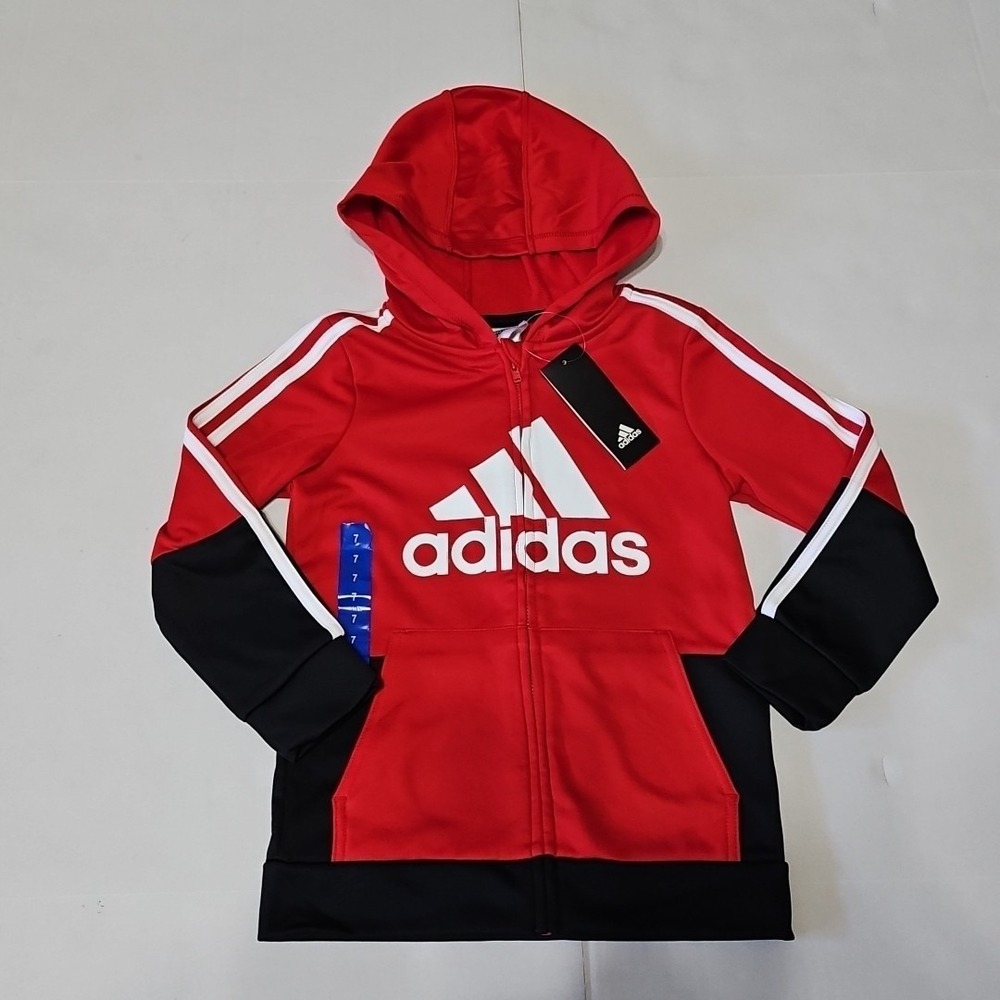 Adidas Track Jacket Boys Size 7 Red Black White Hoodie Full Zip Pocket Logo